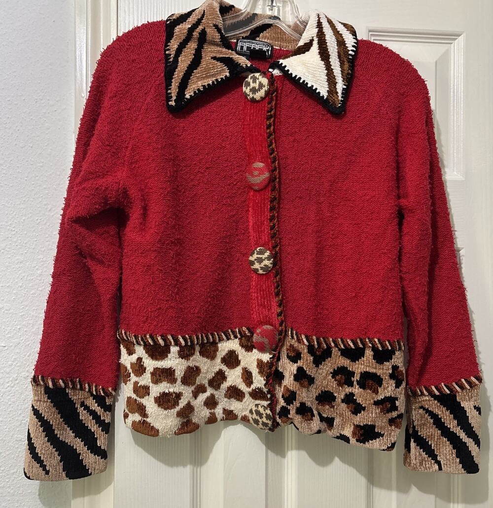 Vintage 90s Berek 2 Takako Sakon Terry Cardigan S Animal Print Beaded Red